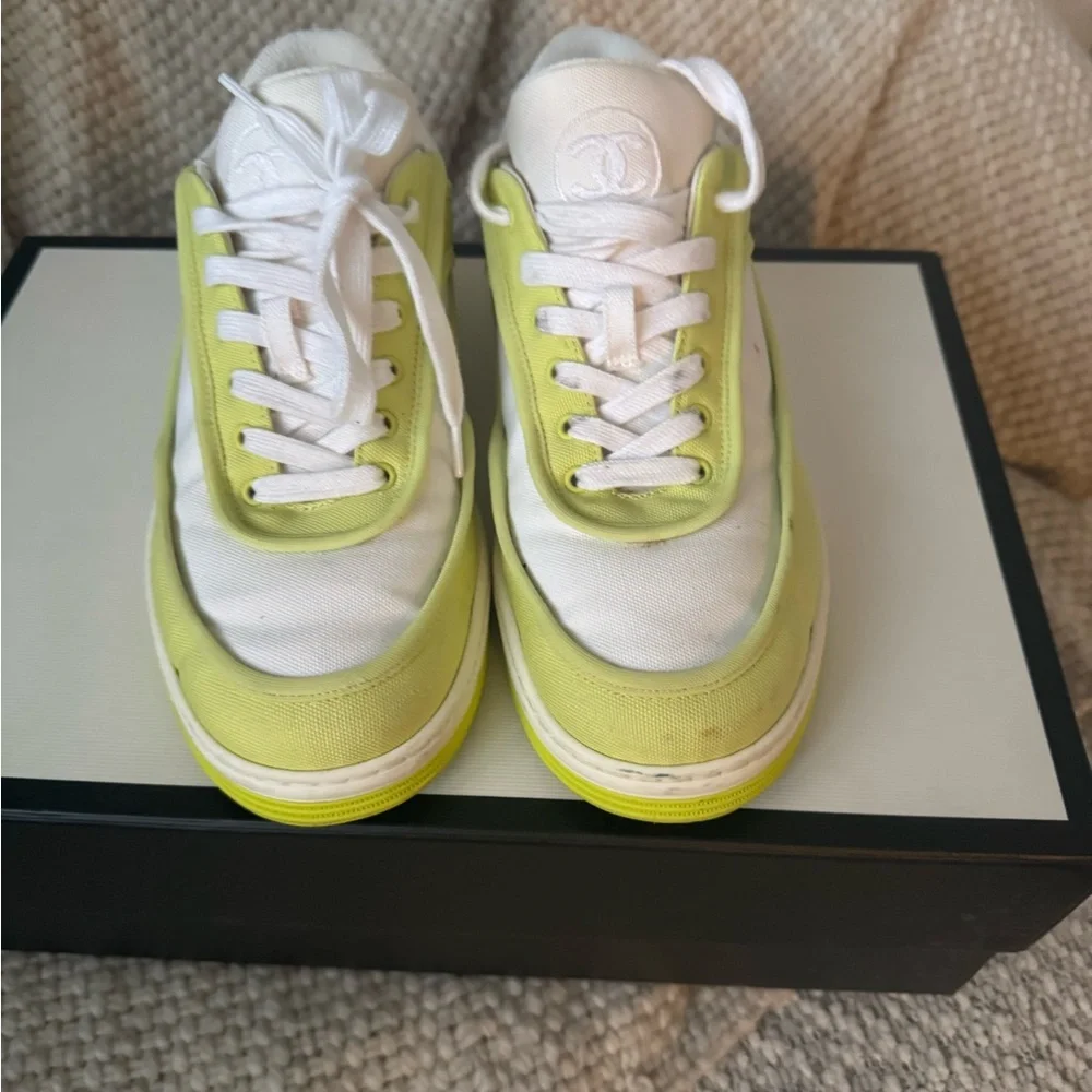 Chanel Fabric Womens Logo Sneakers 37.5 Yellow White